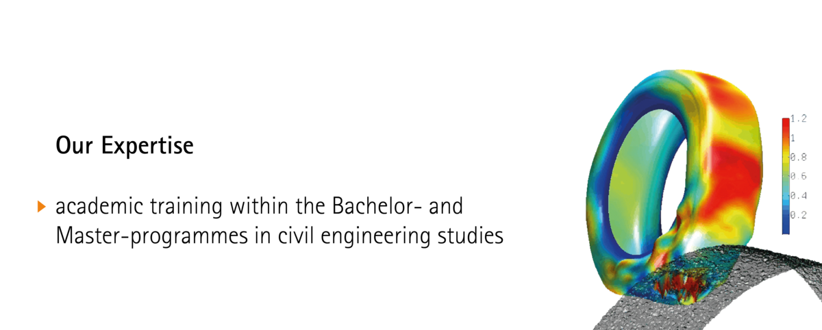 Our expertise: academic training within the Bachelor- and Master-programmes in civil engineering studies. Figure of a simulation of a rolling tyre on a rough surface